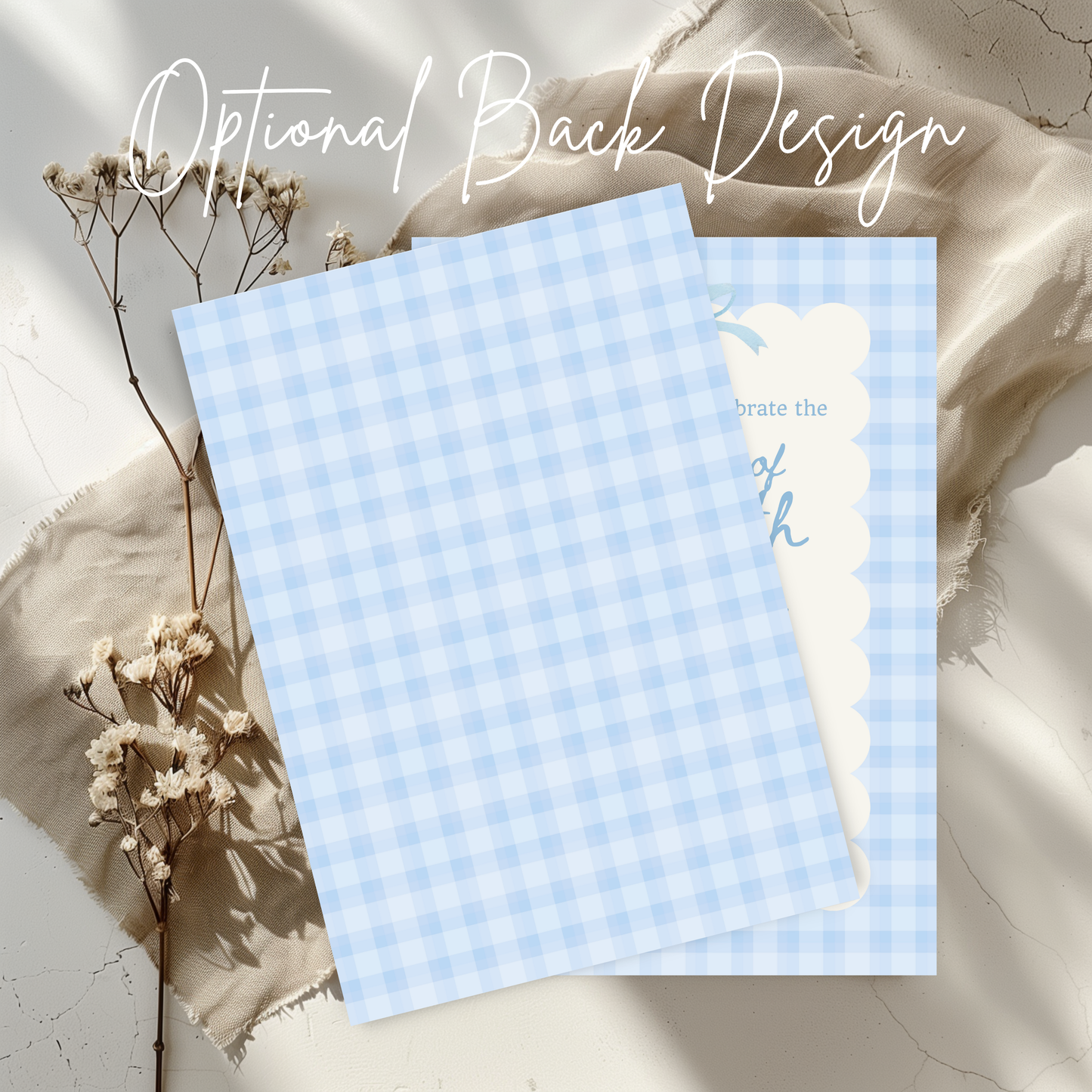 Blue Gingham Invitation for Women Birthday Party Dusty Blue Gingham Invite Scalloped Edge Modern Invitation Trendy Birthday Invite 0012