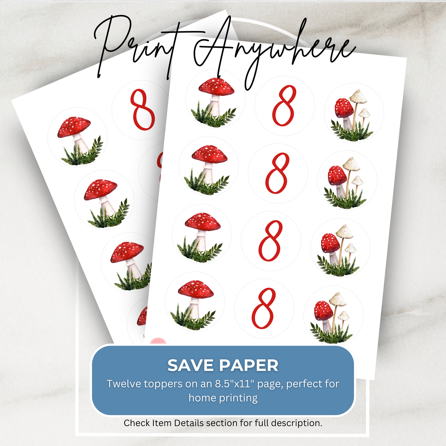 8th Birthday Mushroom Cupcake Toppers: Printable Fungi Party Decor 0004