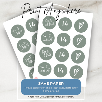 14th Birthday Cupcake Toppers: Sage Green Teen Girl Printable Party Decor 0003