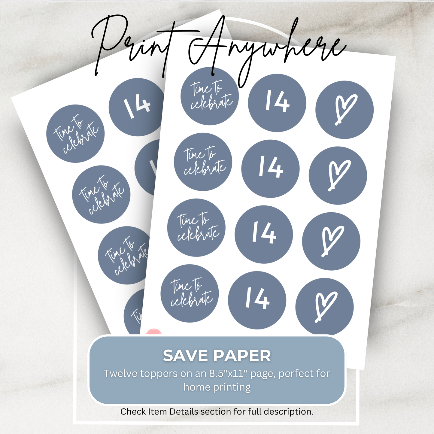 14th Birthday Cupcake Toppers: Dusty Blue Teen Girl Printable Party Decor 0011