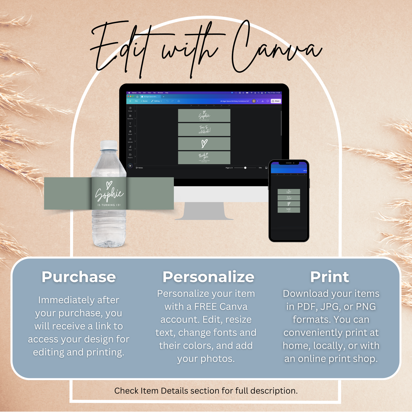 13th Birthday Sage Green Water Bottle Labels Printable Girl Party Favor Sage Green Thirteenth Birthday Teen Girl Minimalist Decoration 0003