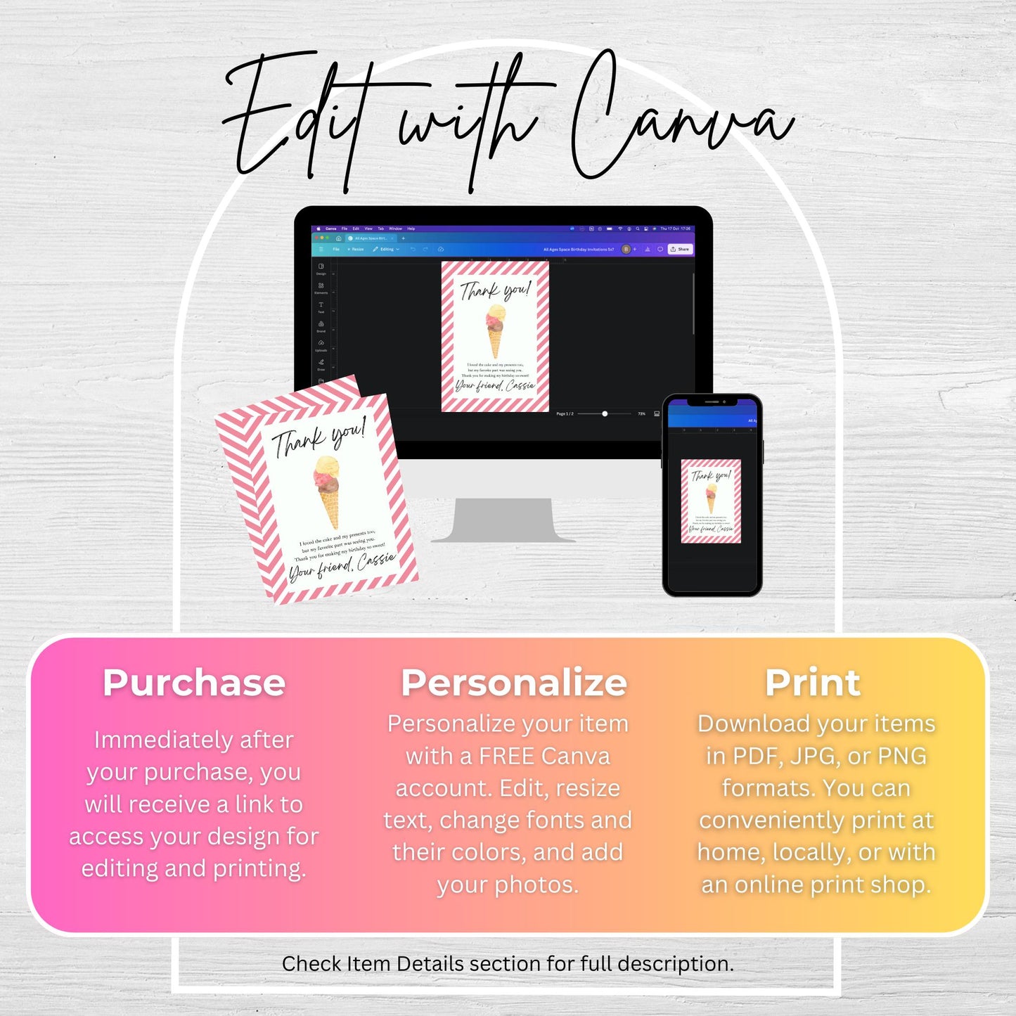 Thank You Note Here's the Scoop Birthday Template Editable Scoops of Fun Thank You Card Ice Cream Theme Birthday Party Sweet Girl 0002