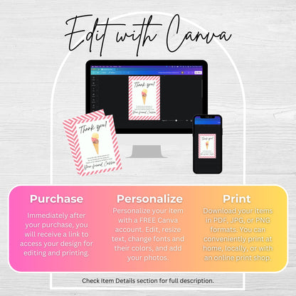 Thank You Note Here's the Scoop Birthday Template Editable Scoops of Fun Thank You Card Ice Cream Theme Birthday Party Sweet Girl 0002