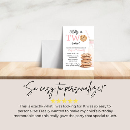 Two Sweet Cookie Birthday Invitation Second Birthday Milk Cookies Party 2nd Birthday Cookie Sweet Celebration Toddler Girl Birthday 0009