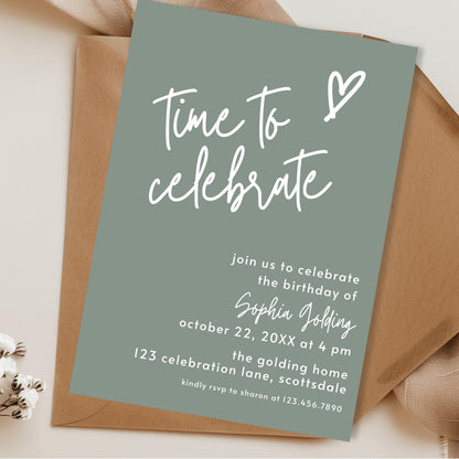 Sage Green Invite Time to Celebrate Birthday Invitation for Girl Sage Green Birthday Teenager Simple Modern Adult Invitation Printable 0003