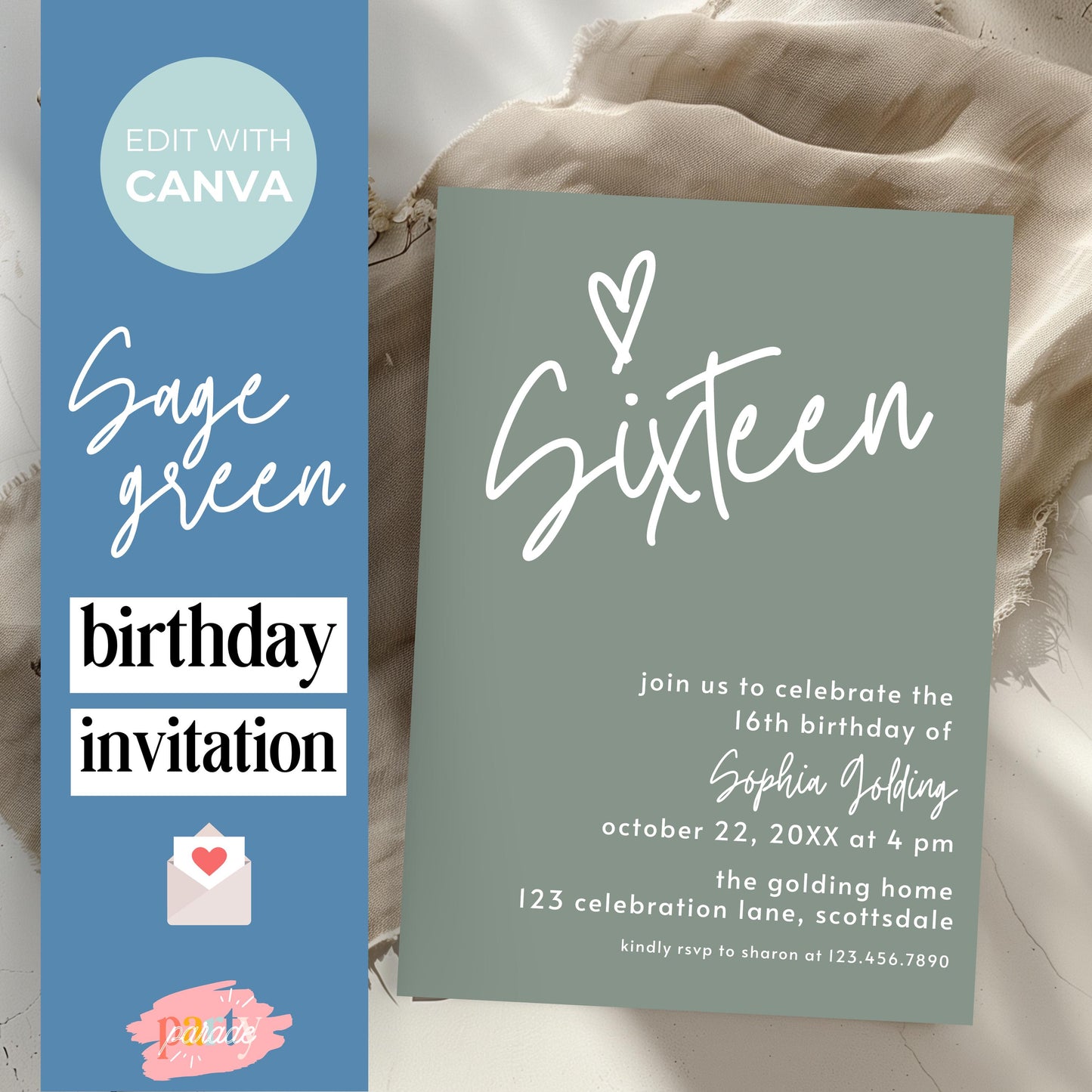 16th Birthday Invitation for Girl Sage Green Sixteen Invite Sage Green Birthday for Teenager Simple Modern Invitation Printable  0003