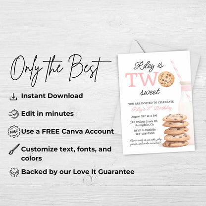 Two Sweet Cookie Birthday Invitation Second Birthday Milk Cookies Party 2nd Birthday Cookie Sweet Celebration Toddler Girl Birthday 0009