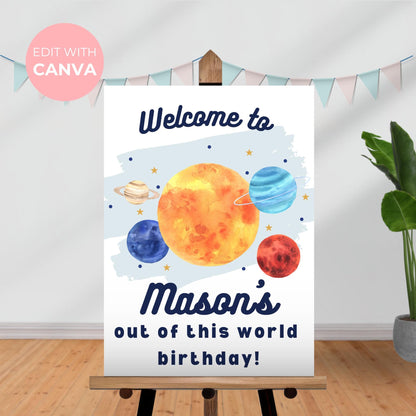 Space Welcome Sign Editable Birthday Party Out of This World Welcome Sign for Boys Birthday Planets Solar System Party Sign Digital 0001