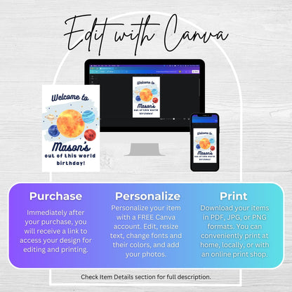 Space Welcome Sign Editable Birthday Party Out of This World Welcome Sign for Boys Birthday Planets Solar System Party Sign Digital 0001