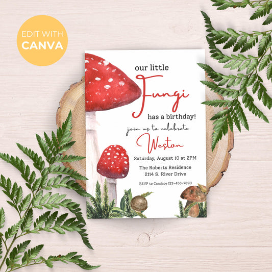 Fungi Birthday Invitation Mushroom Party Invite Woodland Birthday Fun Guy Invitation Whimsical Cottagecore Birthday for Boys Shrooms 0004