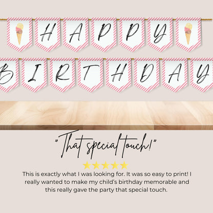 Ice Cream Happy Birthday Banner Sweet Party Banner Here's the Scoop Party Scoops of Fun Flag Printable Banner Girl Party Bunting 0002