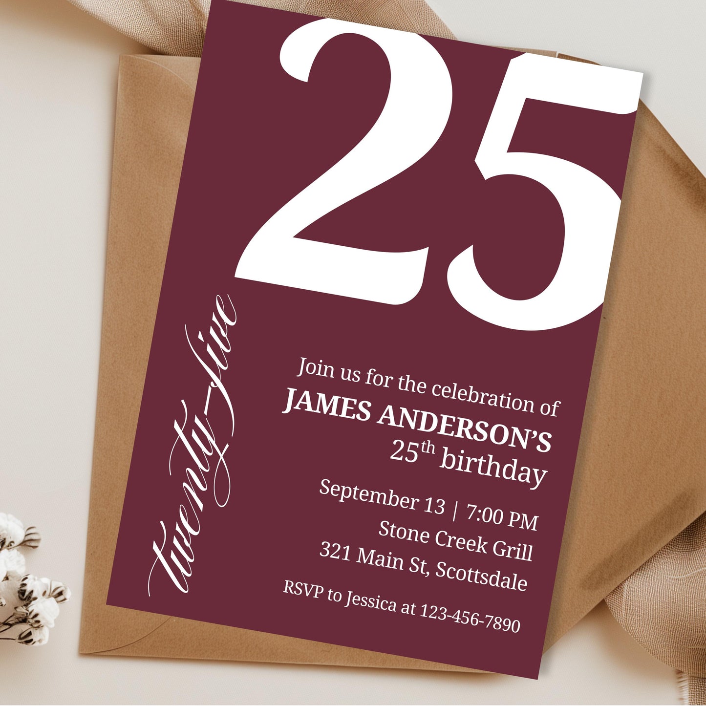 25th Birthday Invite for Men Invitation for 25 Birthday Masculine Birthday Dinner Invite Maroon Adult Milestone Birthday Editable 0007