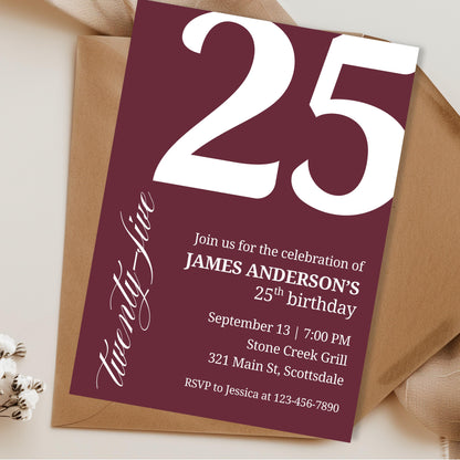 25th Birthday Invite for Men Invitation for 25 Birthday Masculine Birthday Dinner Invite Maroon Adult Milestone Birthday Editable 0007