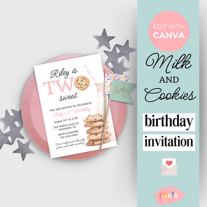 Two Sweet Cookie Birthday Invitation Second Birthday Milk Cookies Party 2nd Birthday Cookie Sweet Celebration Toddler Girl Birthday 0009
