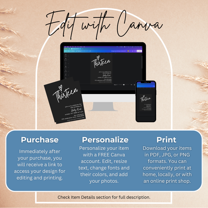 13th Birthday Charcoal Black Invite Template: Simple Teen Girl Printable 0013