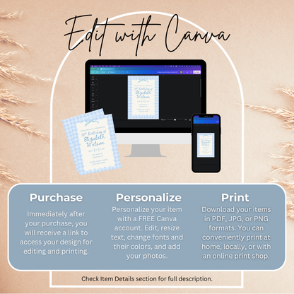 18th Birthday Blue Gingham Invite Template: Simple Women's Invitation Printable 0012