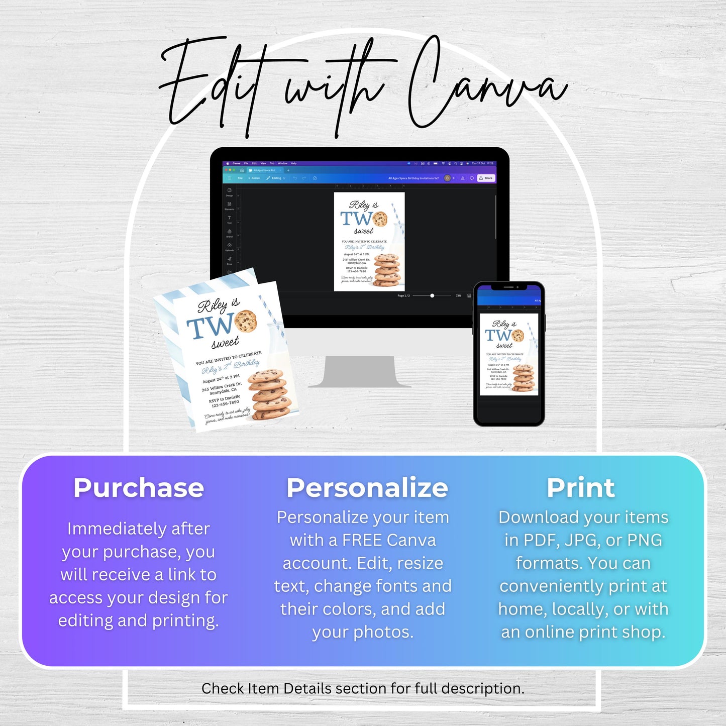 Two Sweet Cookie Birthday Invitation Second Birthday Milk Cookies Party 2nd Birthday Cookie Sweet Celebration Toddler Boy Birthday Cute 0005