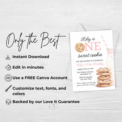One Sweet Cookie Birthday Invitation First Birthday Girl Milk Cookies Party 1st Birthday Cookie Sweet Celebration Toddler Birthday Cute 0009