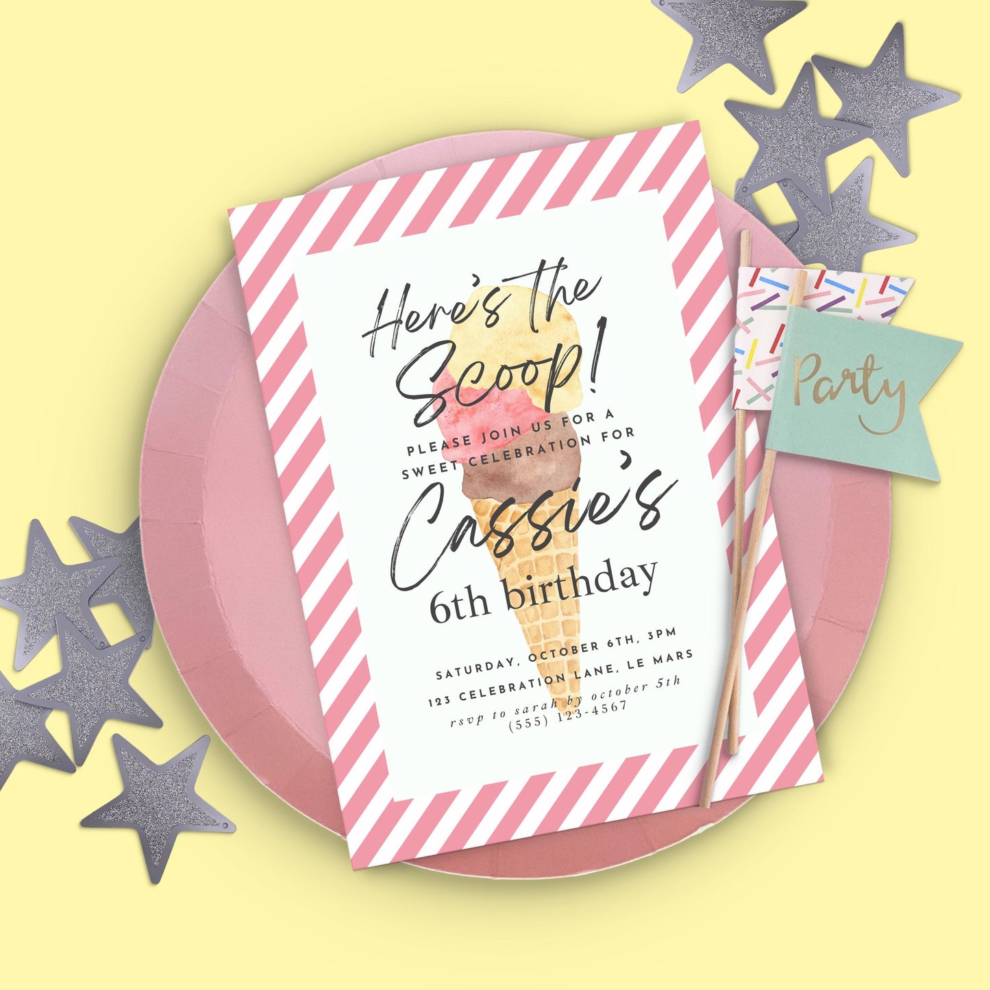 Here's the Scoop Invitation Ice Cream Birthday Party Invite Sixth Birthday Invite Template Girls Sweet Birthday Party 6th Birthday 0002