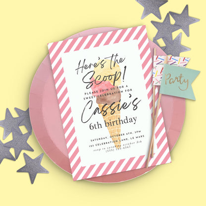 Here's the Scoop Invitation Ice Cream Birthday Party Invite Sixth Birthday Invite Template Girls Sweet Birthday Party 6th Birthday 0002