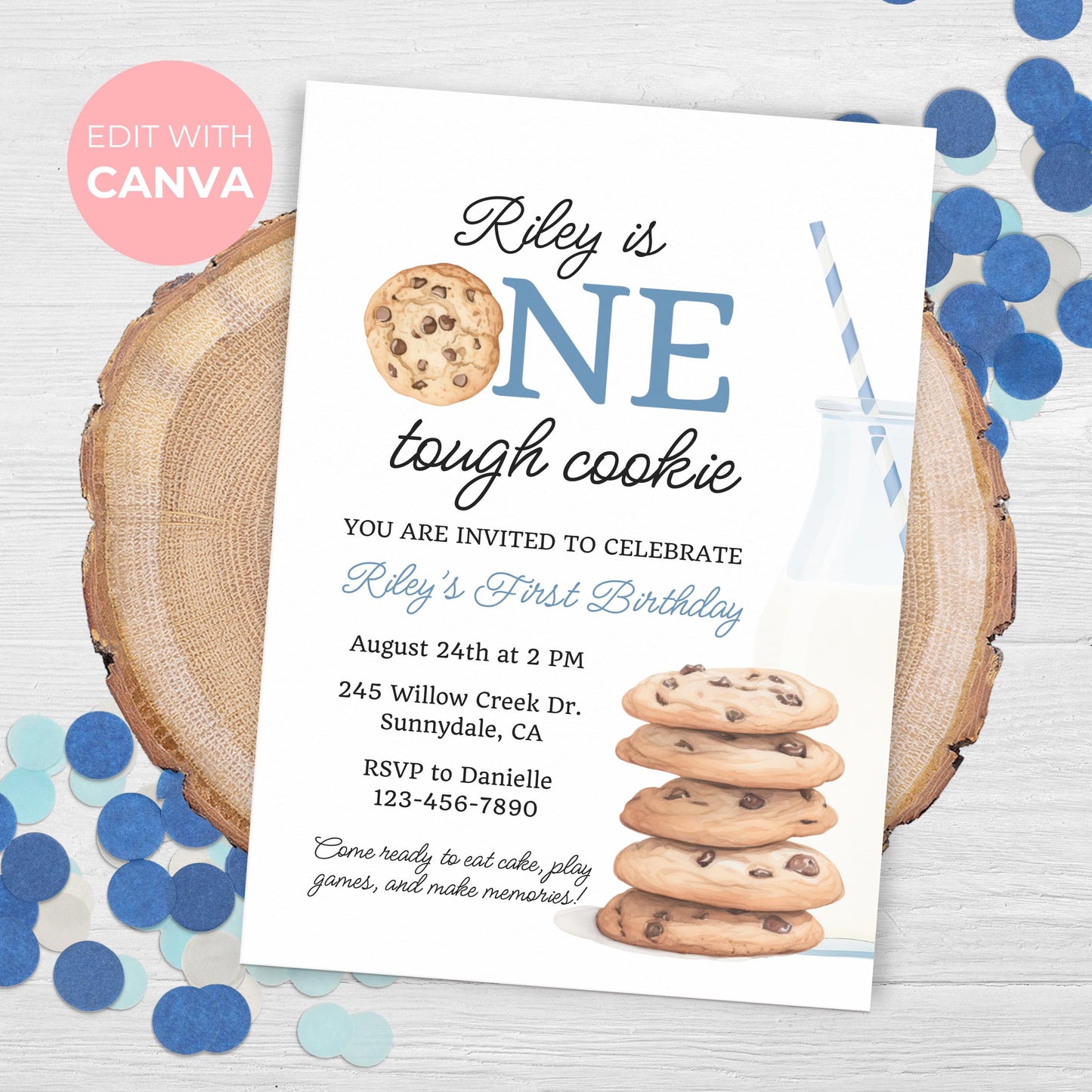 One Tough Cookie Birthday Invitation First Birthday Boy Milk Cookies Party 1st Birthday Cookie Sweet Celebration Toddler Birthday Cute 0005