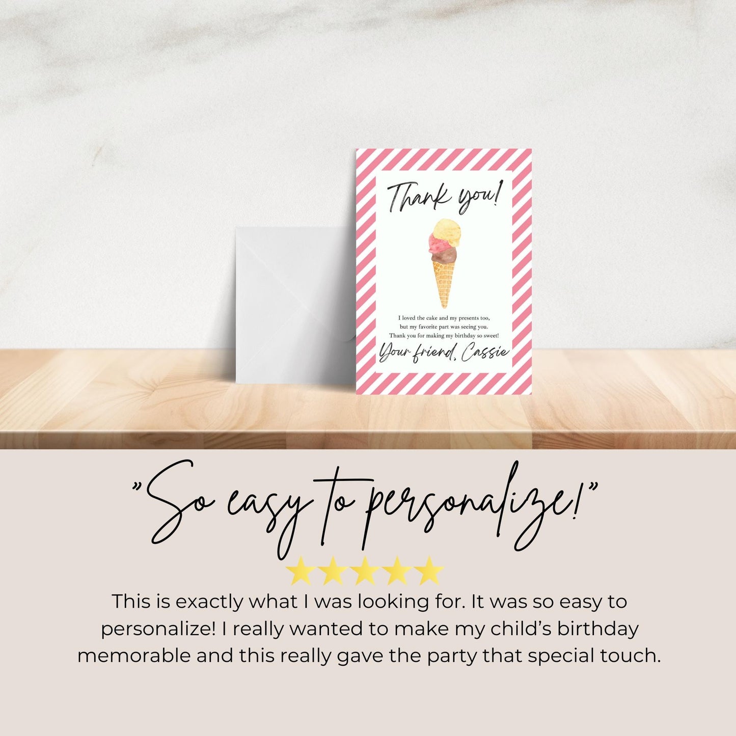 Thank You Note Here's the Scoop Birthday Template Editable Scoops of Fun Thank You Card Ice Cream Theme Birthday Party Sweet Girl 0002