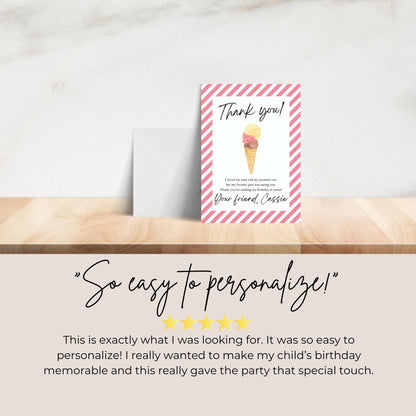 Thank You Note Here's the Scoop Birthday Template Editable Scoops of Fun Thank You Card Ice Cream Theme Birthday Party Sweet Girl 0002