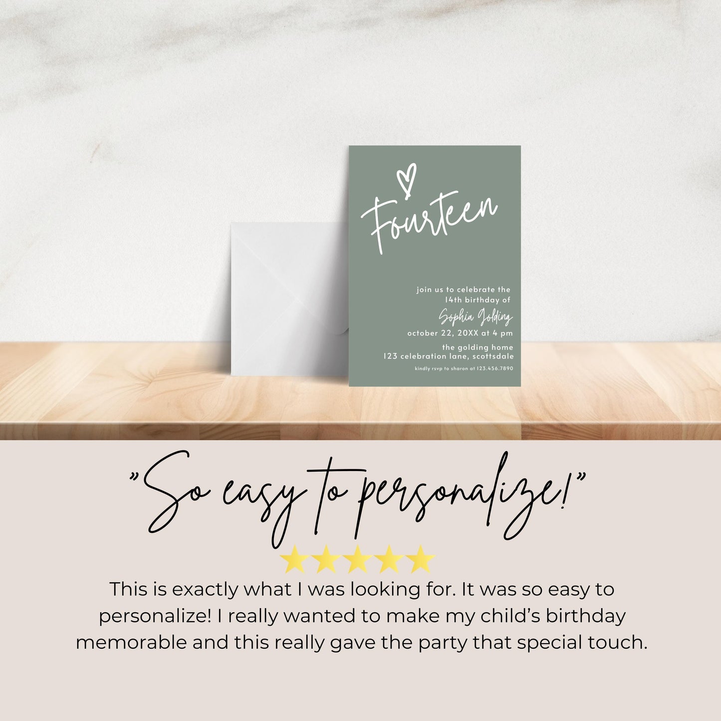 14th Birthday Invitation Sage Green Fourteenth Birthday Invite for Teenager Simple Elegant Invitation Printable Template Modern Girl 0003