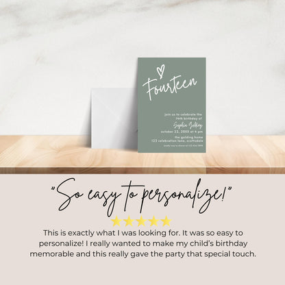 14th Birthday Invitation Sage Green Fourteenth Birthday Invite for Teenager Simple Elegant Invitation Printable Template Modern Girl 0003