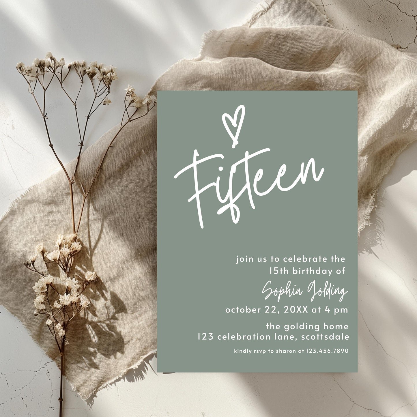 15th Birthday Invitation Sage Green Fifteenth Birthday Invite for Teenager Simple Elegant Invitation Printable Template Modern Girl 0003