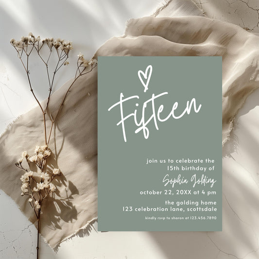 15th Birthday Invitation Sage Green Fifteenth Birthday Invite for Teenager Simple Elegant Invitation Printable Template Modern Girl 0003