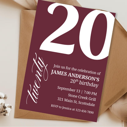 20th Birthday Invite for Men Invitation for 20 Birthday Masculine Birthday Dinner Invite Maroon Adult Milestone Birthday Editable 0007