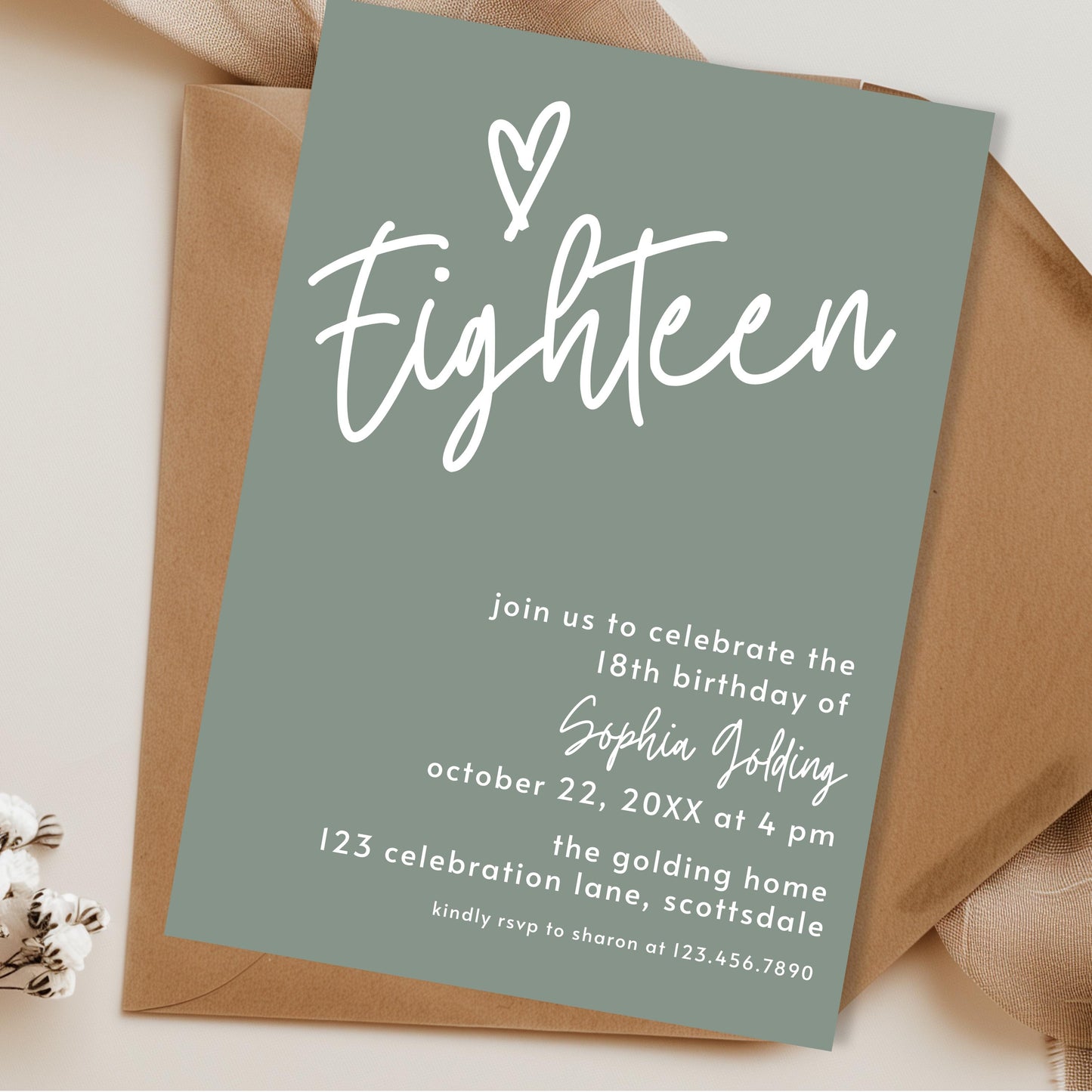 18th Birthday Invitation for Girl Sage Green Eighteen Invite Sage Green Birthday for Teenager Simple Modern Adult Invitation Printable 0003