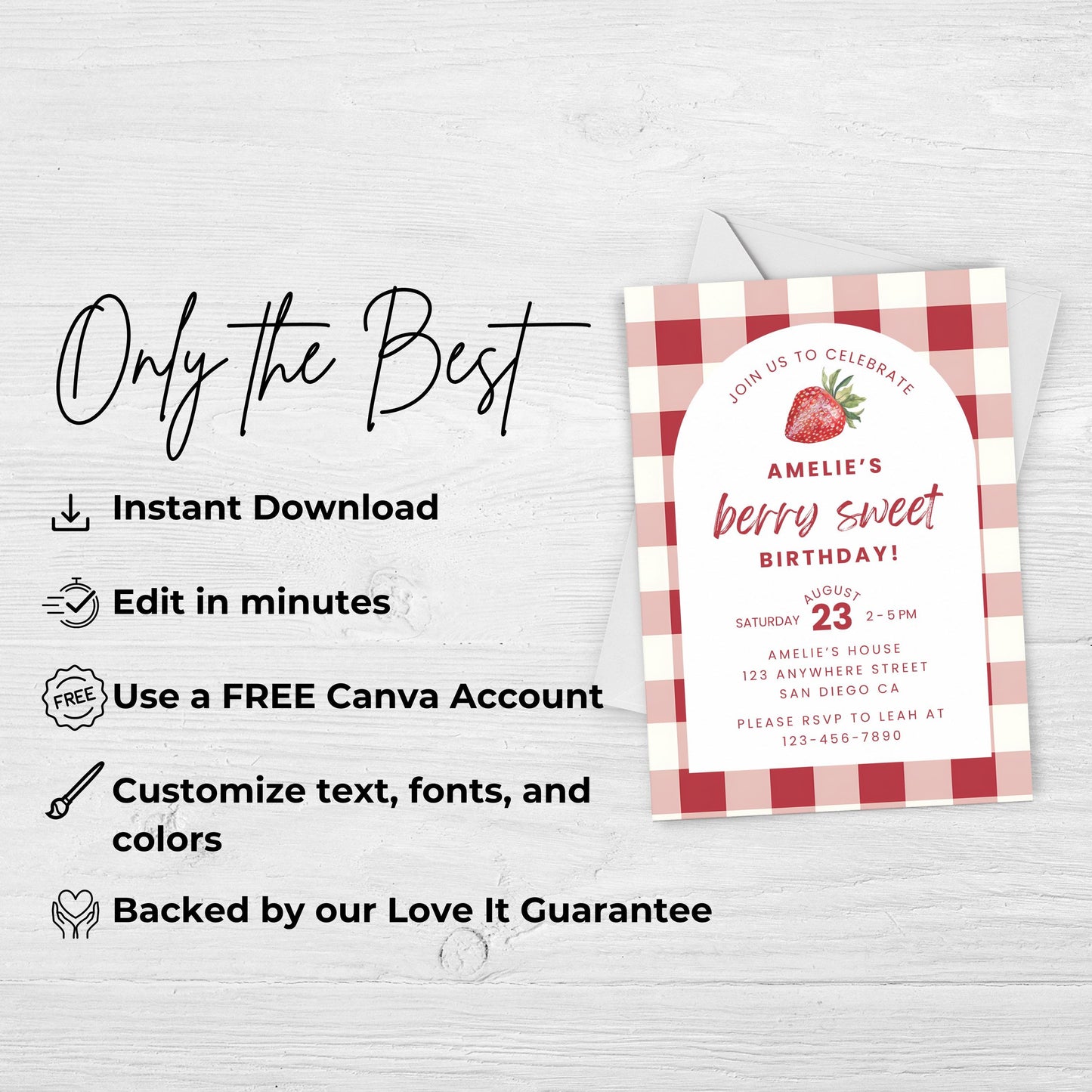 Berry Sweet Birthday Invitation Strawberry Birthday Invitation Berry Sweet Birthday Invite Berry Sweet Birthday Strawberry Gingham 0010