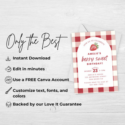Berry Sweet Birthday Invitation Strawberry Birthday Invitation Berry Sweet Birthday Invite Berry Sweet Birthday Strawberry Gingham 0010