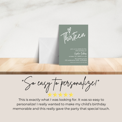 13th Birthday Photo Invitation Sage Green Thirteenth Birthday Invite for Teenager Simple Elegant Invitation Printable Template Modern 0003