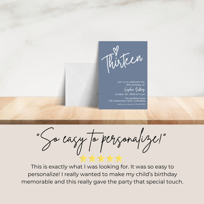 13th Birthday Invitation for Girl Dusty Blue Thirteen Birthday Invite Dusty Blue Birthday Teenager Simple Invitation Printable Template 0011