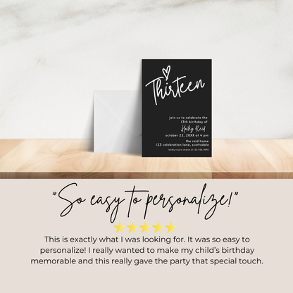 13th Birthday Charcoal Black Invite Template: Simple Teen Girl Printable 0013