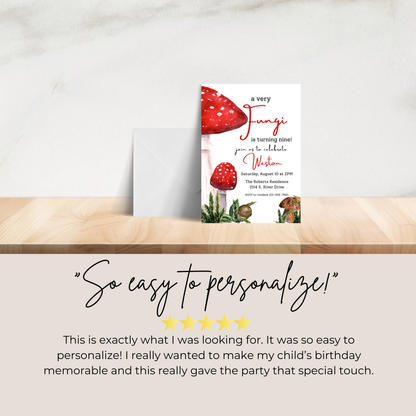 Mushroom 9th Birthday Invitation Template: Fungi Invite Digital Download 0004