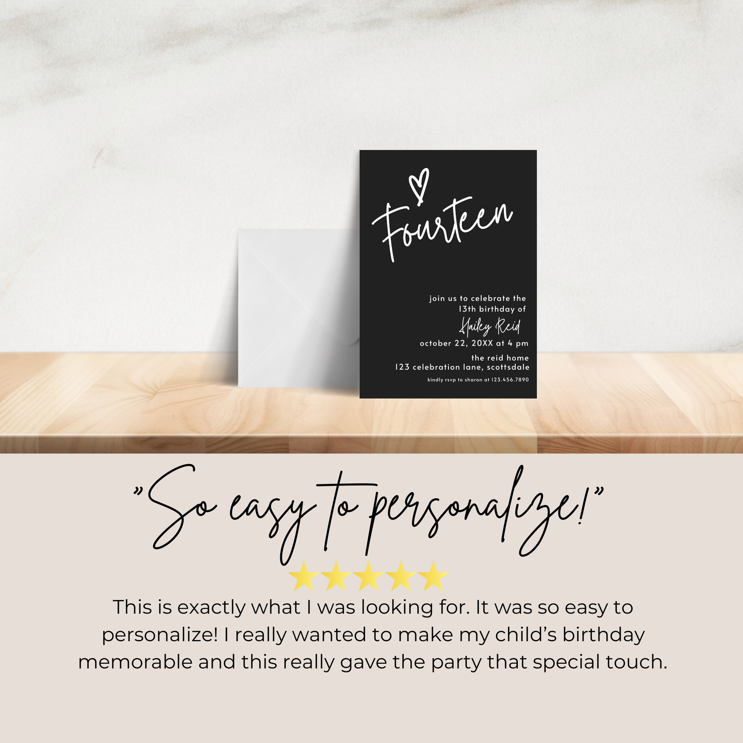 14th Birthday Charcoal Black Invite Template: Simple Teen Girl Printable Invitation 0013