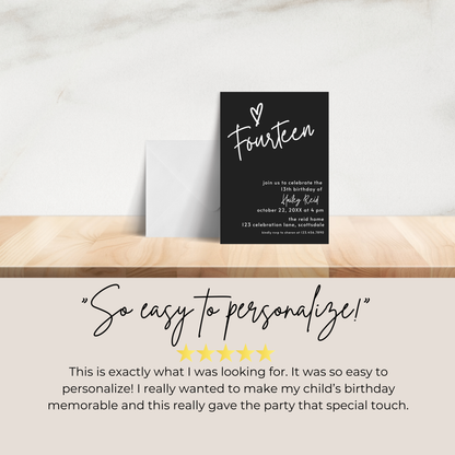 14th Birthday Charcoal Black Invite Template: Simple Teen Girl Printable Invitation 0013
