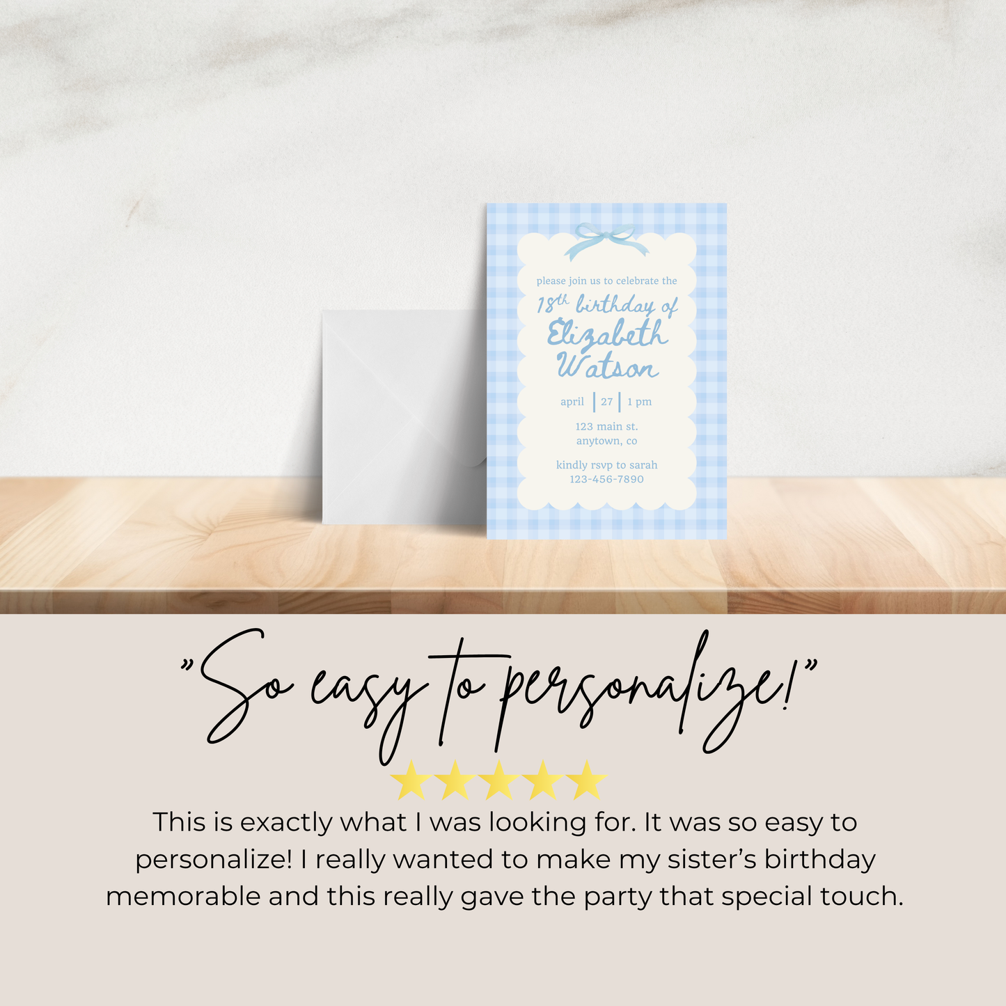 18th Birthday Blue Gingham Invite Template: Simple Women's Invitation Printable 0012
