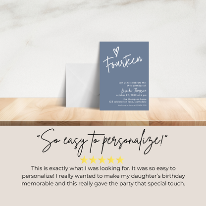 14th Birthday Dusty Blue Invite Template: Simple Teen Girl Printable Invitation 0011
