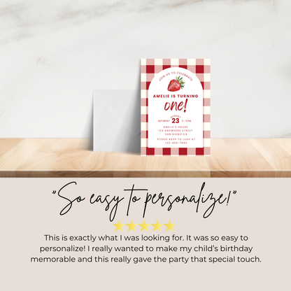 Strawberry Birthday Invitation: First Birthday Girl Editable Printable Invite 0010