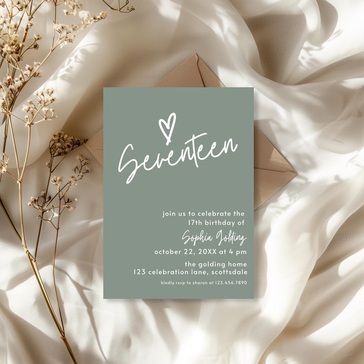 17th Birthday Invitation for Girl Sage Green Seventeen Invite Sage Green Birthday for Teenager Simple Modern Invitation Printable 0003