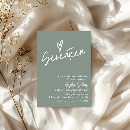 17th Birthday Invitation for Girl Sage Green Seventeen Invite Sage Green Birthday for Teenager Simple Modern Invitation Printable 0003