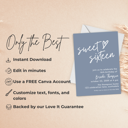 16th Birthday Invitation for Girl Dusty Blue Sweet Sixteen Invite Dusty Blue Birthday for Teenager Simple Invitation Printable Template 0011