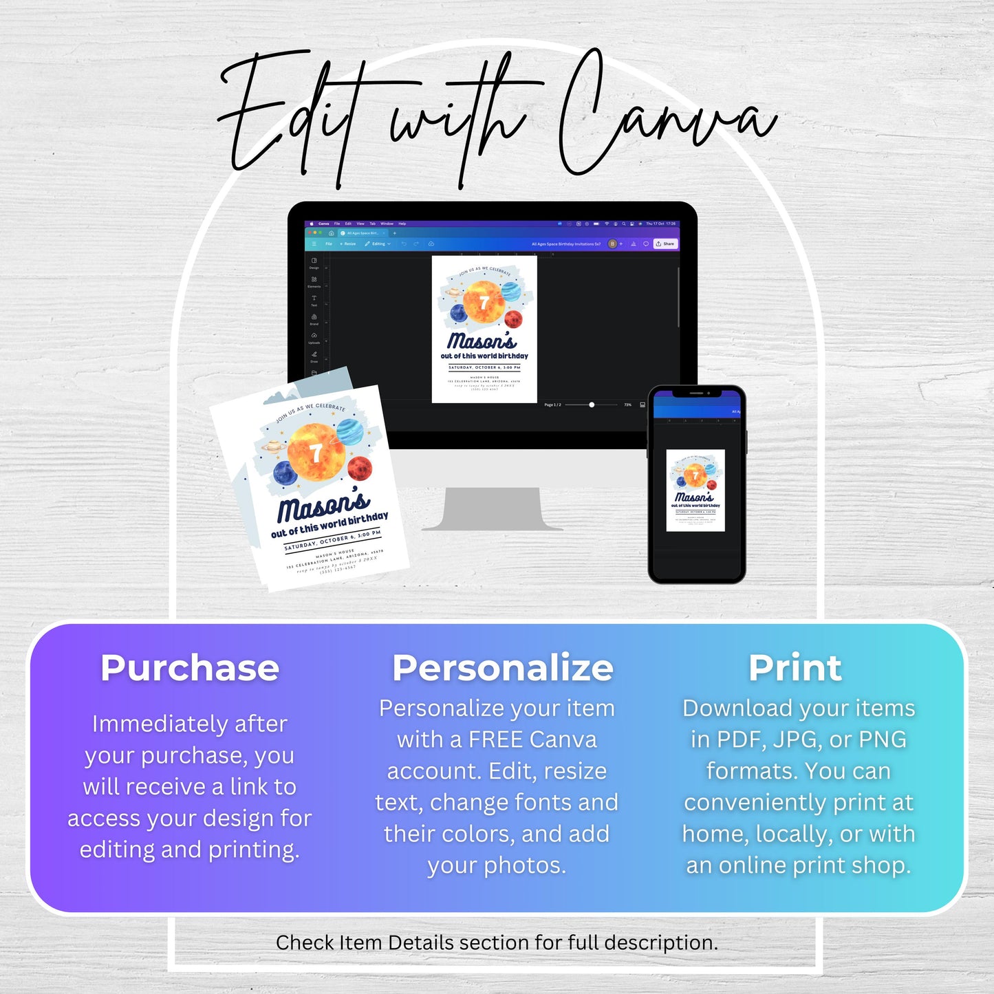 Space 7th Birthday Invitation Seventh Birthday Boy Invite Outer Space Party Galaxy Out of This World Birthday Party Solar System Party 0001