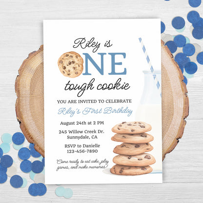 One Tough Cookie Birthday Invitation First Birthday Boy Milk Cookies Party 1st Birthday Cookie Sweet Celebration Toddler Birthday Cute 0005