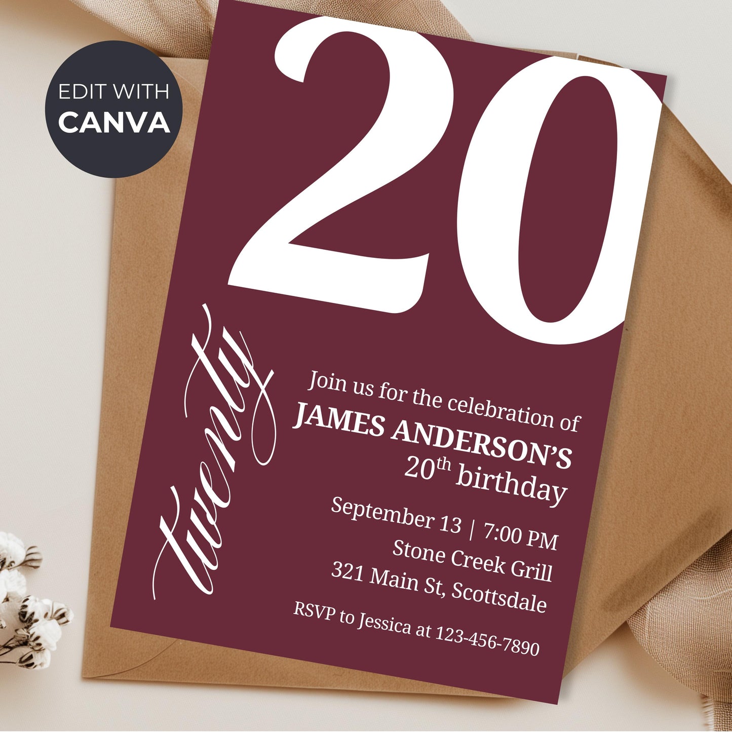 20th Birthday Invite for Men Invitation for 20 Birthday Masculine Birthday Dinner Invite Maroon Adult Milestone Birthday Editable 0007